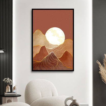 Abstract Mountain Landscape Art with Moon and Sun in Warm Tones