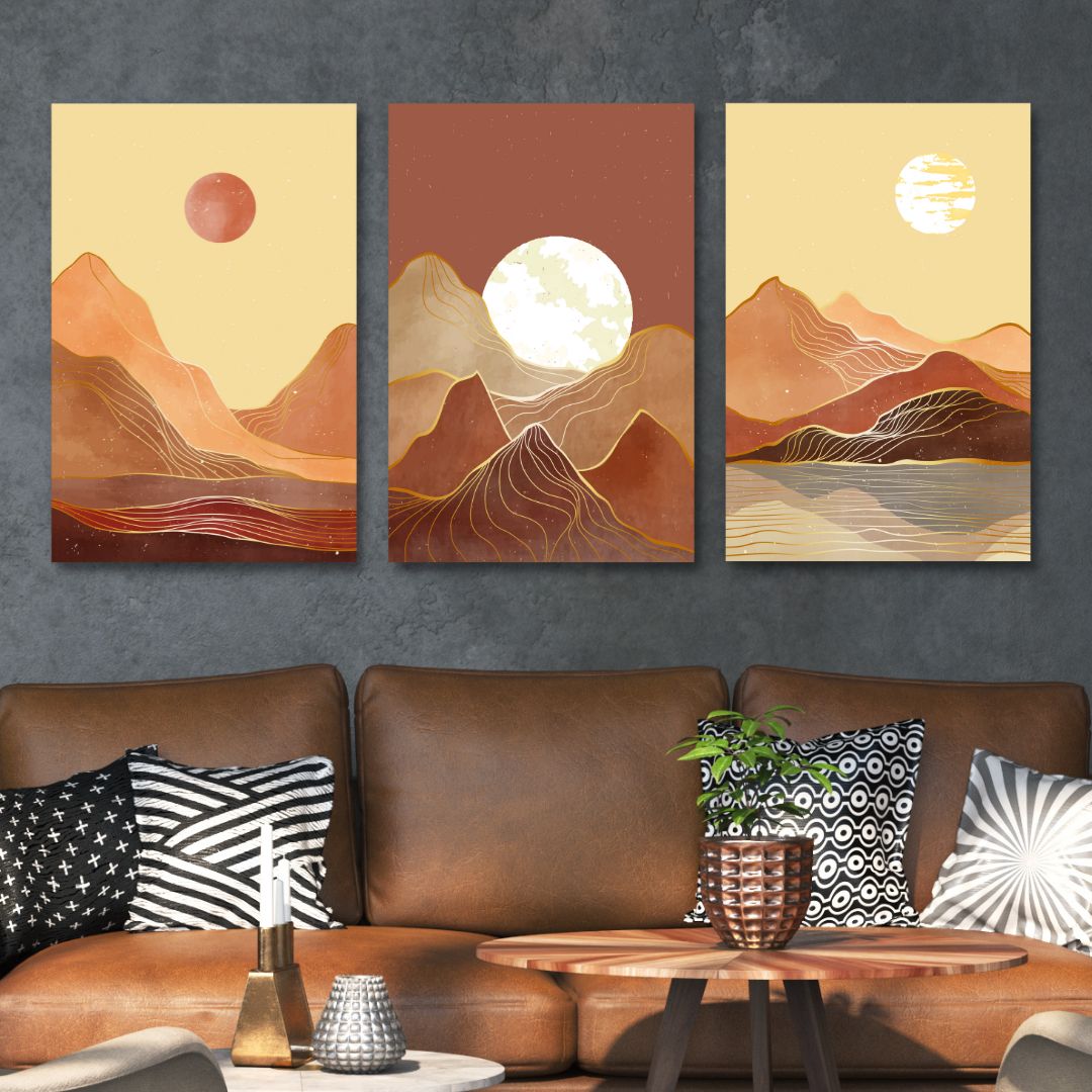 Abstract Mountain Landscape Art with Moon and Sun in Warm Tones