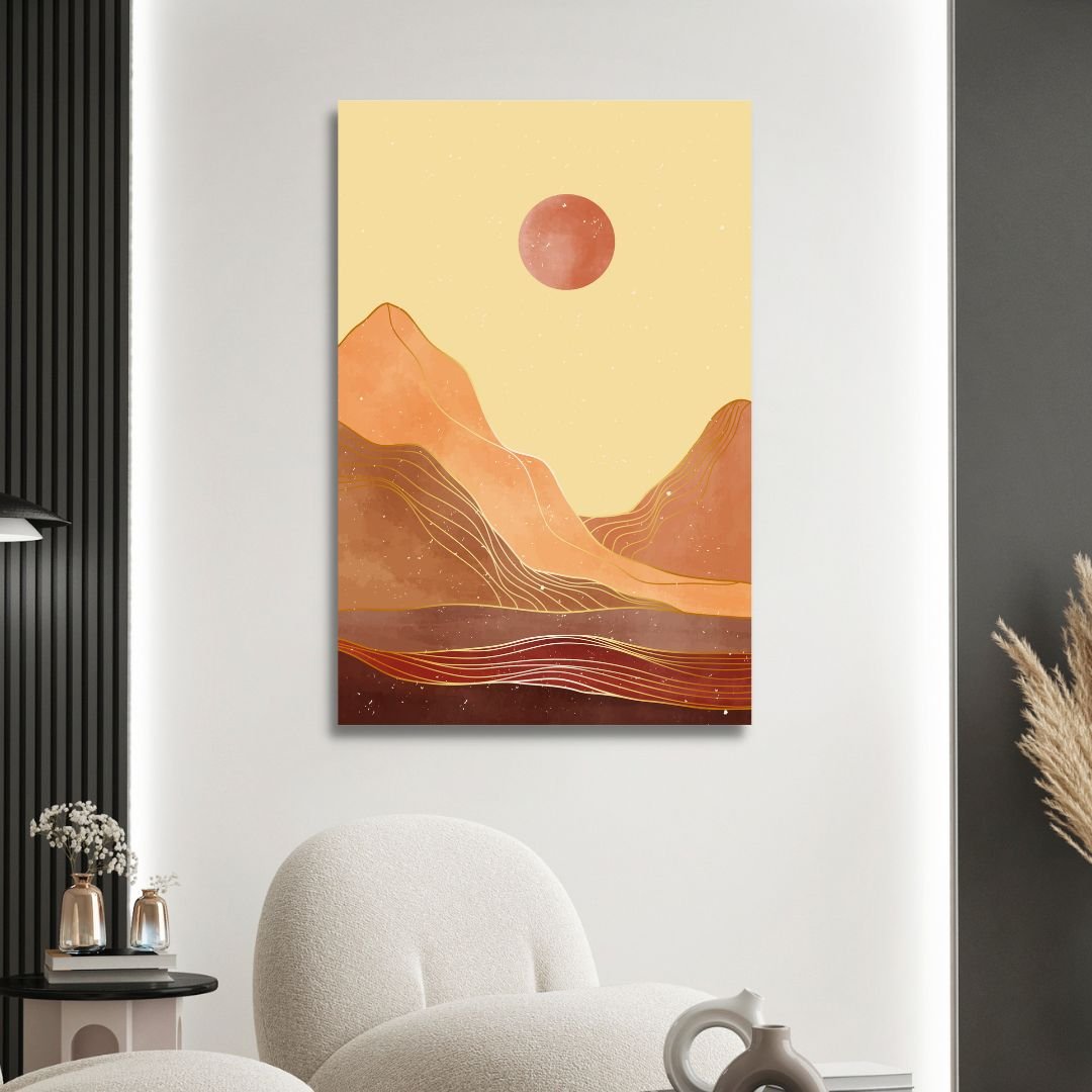 Abstract Mountain Landscape Art with Moon and Sun in Warm Tones