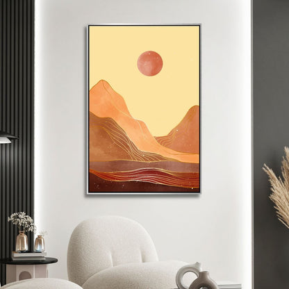 Abstract Mountain Landscape Art with Moon and Sun in Warm Tones