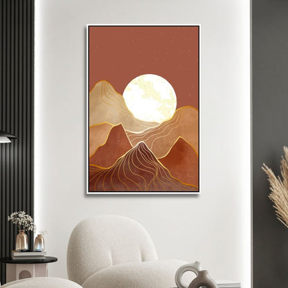 Abstract Mountain Landscape Art with Moon and Sun in Warm Tones