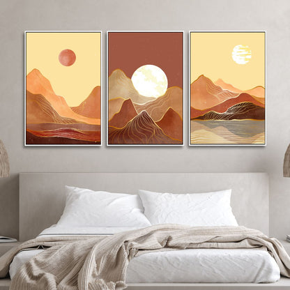 Abstract Mountain Landscape Art with Moon and Sun in Warm Tones