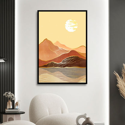 Abstract Mountain Landscape Art with Moon and Sun in Warm Tones