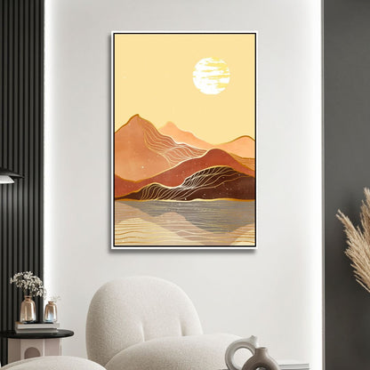 Abstract Mountain Landscape Art with Moon and Sun in Warm Tones