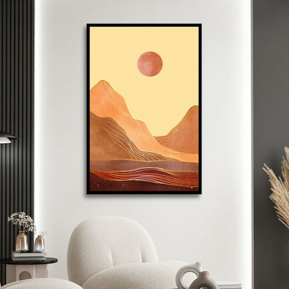 Abstract Mountain Landscape Art with Moon and Sun in Warm Tones