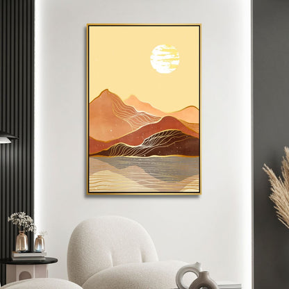 Abstract Mountain Landscape Art with Moon and Sun in Warm Tones