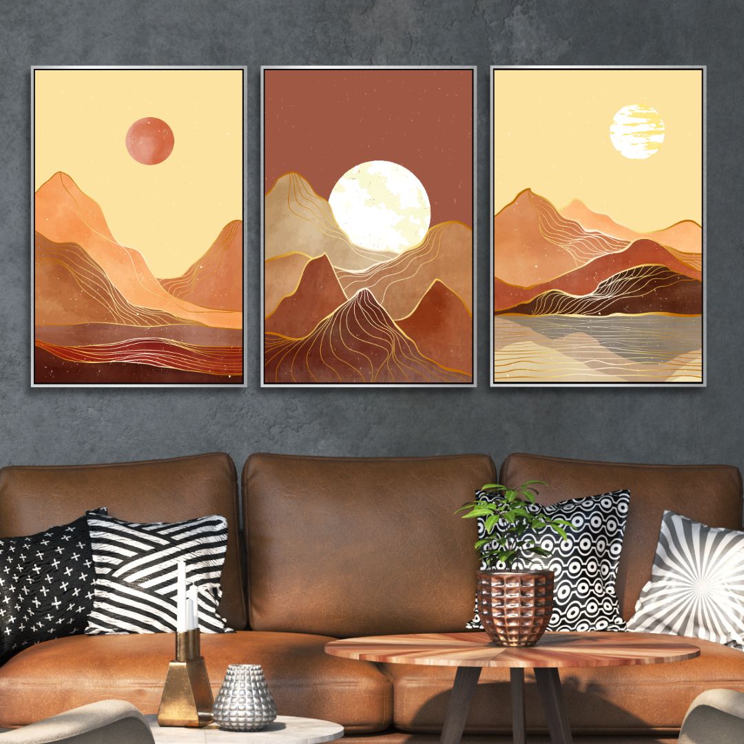 Abstract Mountain Landscape Art with Moon and Sun in Warm Tones