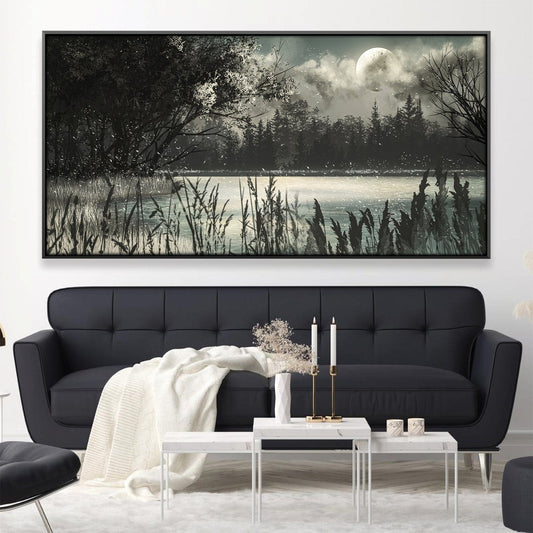 Serene Night Landscape Oil Painting with Moonlit Reflection on Water