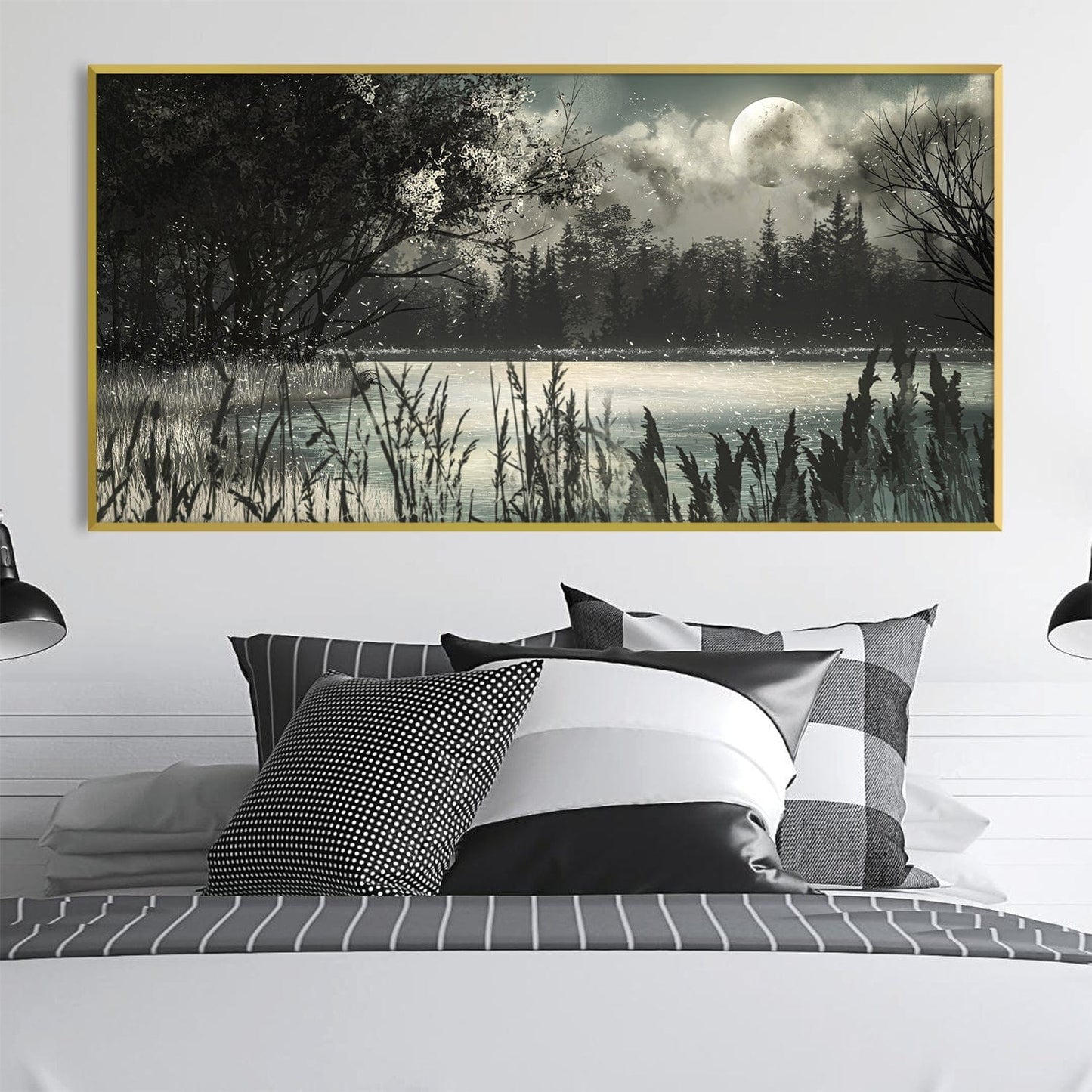 Serene Night Landscape Oil Painting with Moonlit Reflection on Water