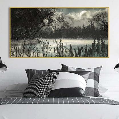 Serene Night Landscape Oil Painting with Moonlit Reflection on Water
