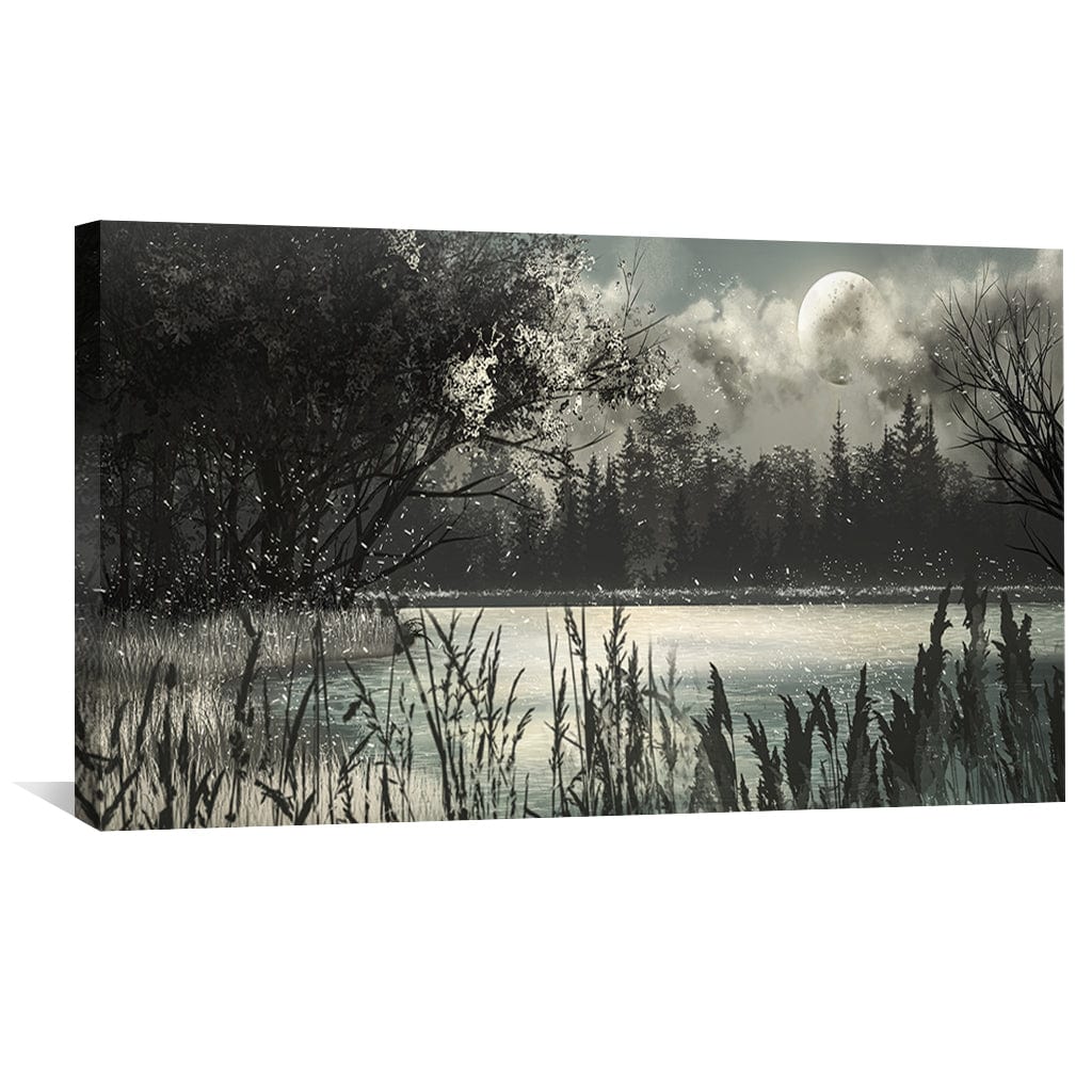 Serene Night Landscape Oil Painting with Moonlit Reflection on Water