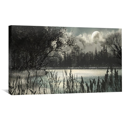 Serene Night Landscape Oil Painting with Moonlit Reflection on Water