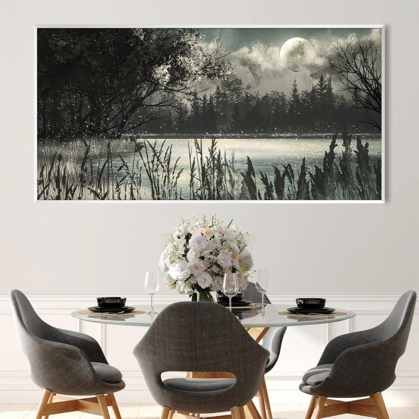 Serene Night Landscape Oil Painting with Moonlit Reflection on Water