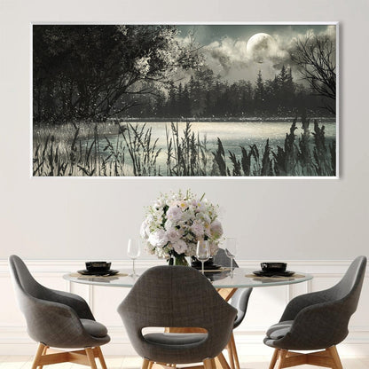 Serene Night Landscape Oil Painting with Moonlit Reflection on Water