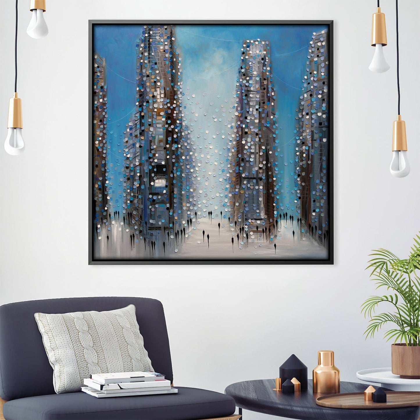 Urban Cityscape Oil Painting with Vibrant Blue Hues and Modern Architecture