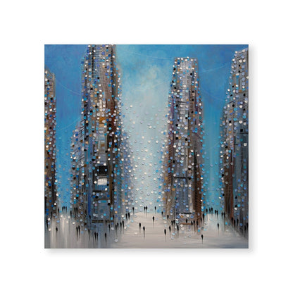 Urban Cityscape Oil Painting with Vibrant Blue Hues and Modern Architecture