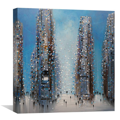 Urban Cityscape Oil Painting with Vibrant Blue Hues and Modern Architecture