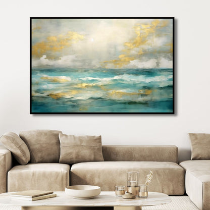 Stylish Gold and Blue Abstract Ocean Wave Oil Painting for Home Decor