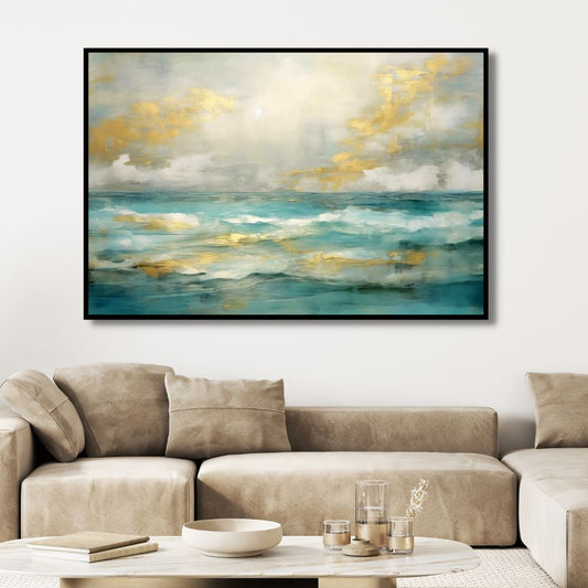 Stylish Gold and Blue Abstract Ocean Wave Oil Painting for Home Decor