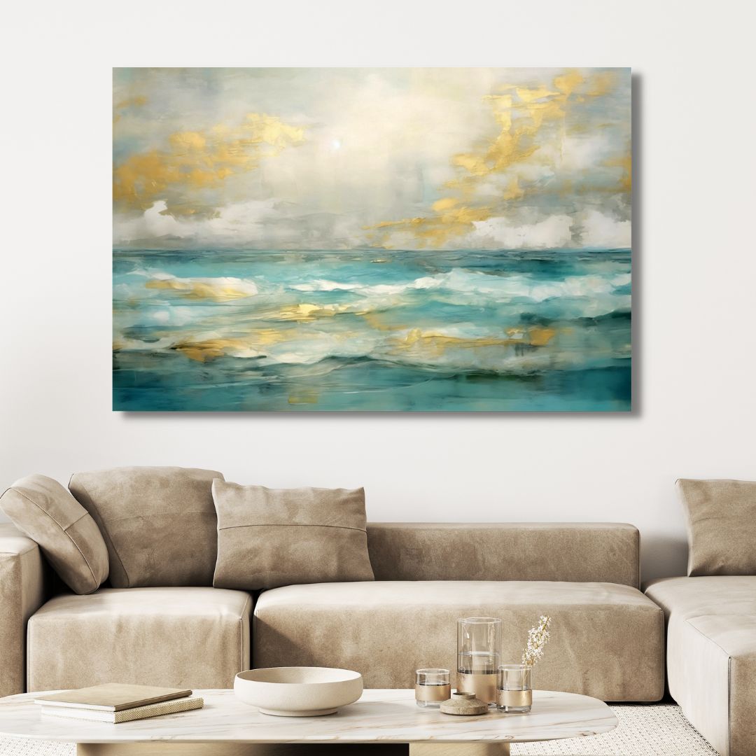 Stylish Gold and Blue Abstract Ocean Wave Oil Painting for Home Decor