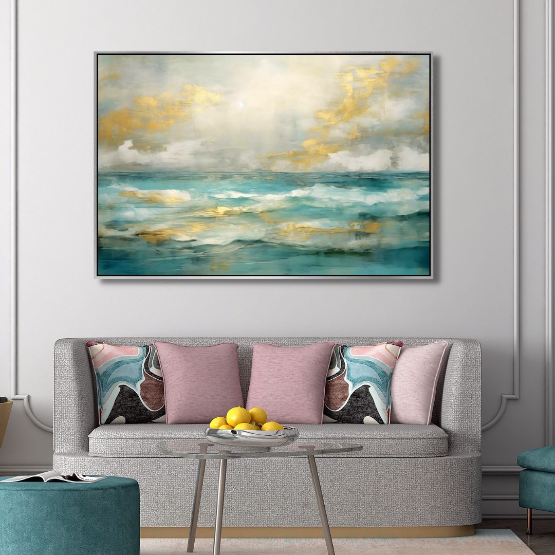 Stylish Gold and Blue Abstract Ocean Wave Oil Painting for Home Decor
