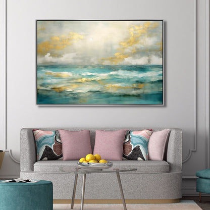 Stylish Gold and Blue Abstract Ocean Wave Oil Painting for Home Decor