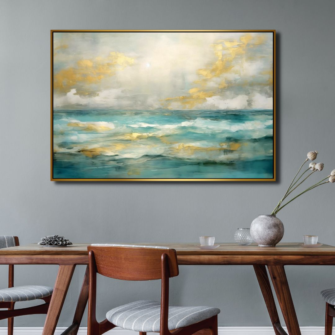 Stylish Gold and Blue Abstract Ocean Wave Oil Painting for Home Decor