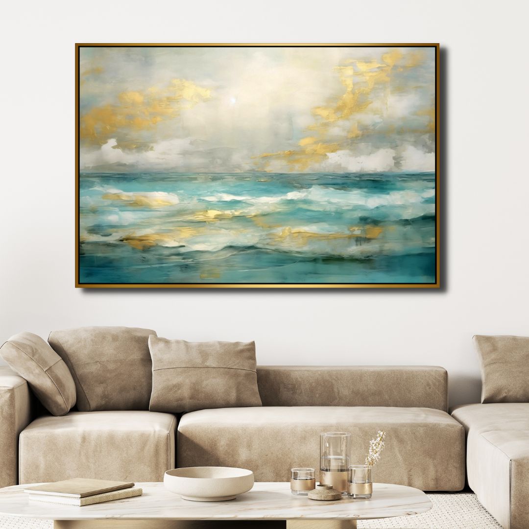 Stylish Gold and Blue Abstract Ocean Wave Oil Painting for Home Decor