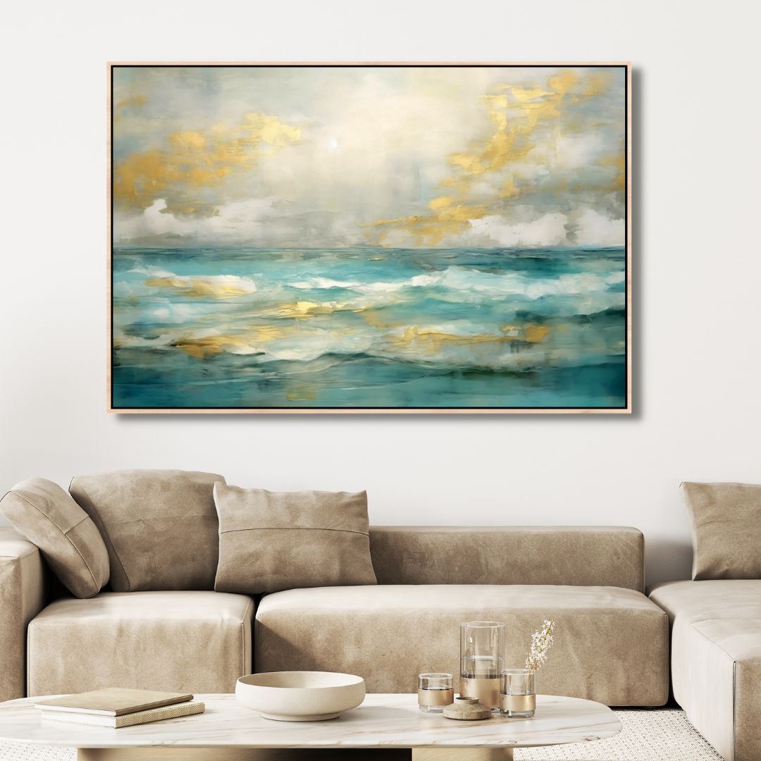 Stylish Gold and Blue Abstract Ocean Wave Oil Painting for Home Decor