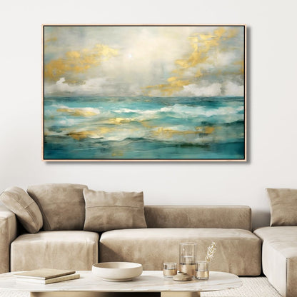Stylish Gold and Blue Abstract Ocean Wave Oil Painting for Home Decor