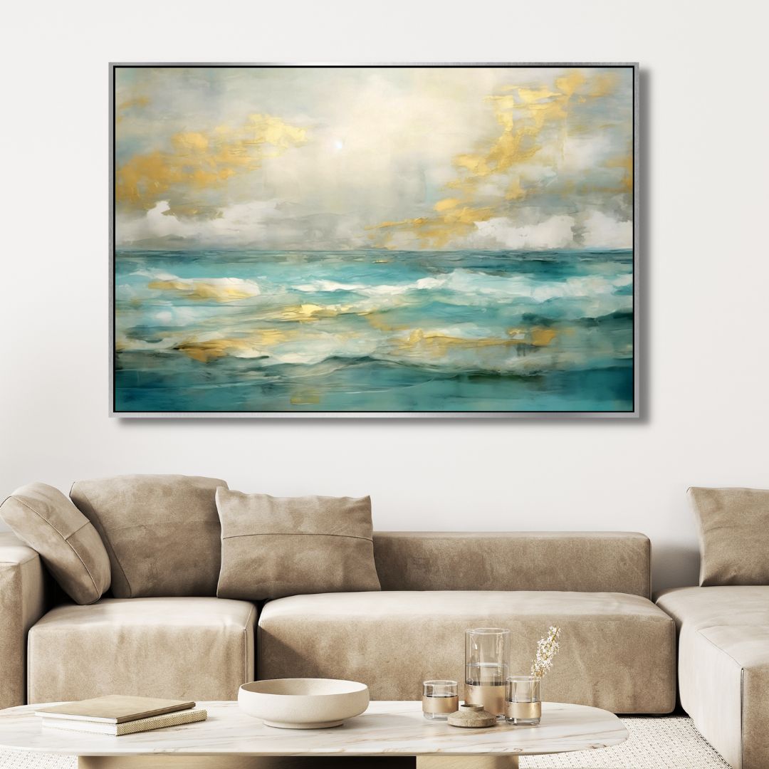 Stylish Gold and Blue Abstract Ocean Wave Oil Painting for Home Decor