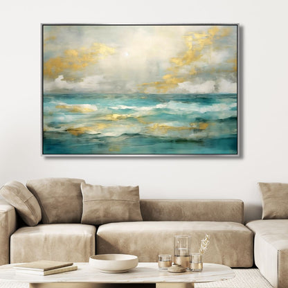 Stylish Gold and Blue Abstract Ocean Wave Oil Painting for Home Decor