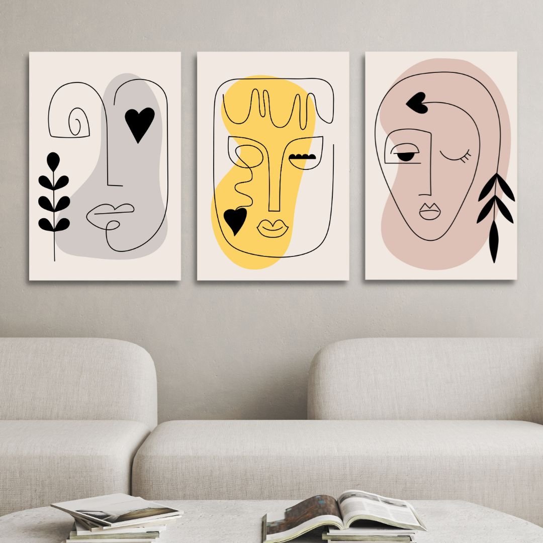 Contemporary Minimalist Abstract One Line Faces Art for Modern Home Decor