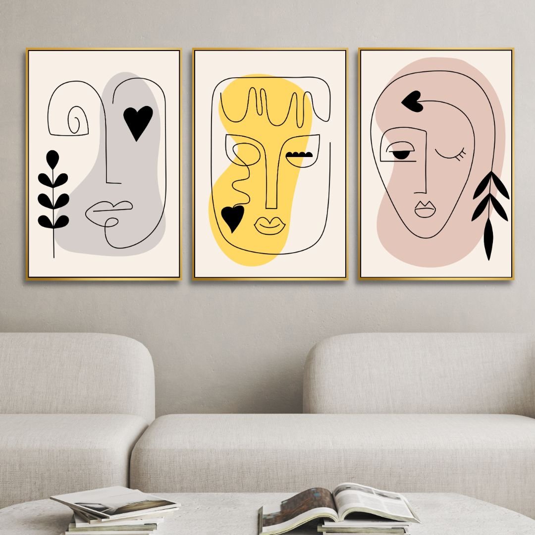 Contemporary Minimalist Abstract One Line Faces Art for Modern Home Decor