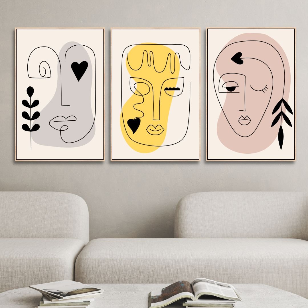 Contemporary Minimalist Abstract One Line Faces Art for Modern Home Decor