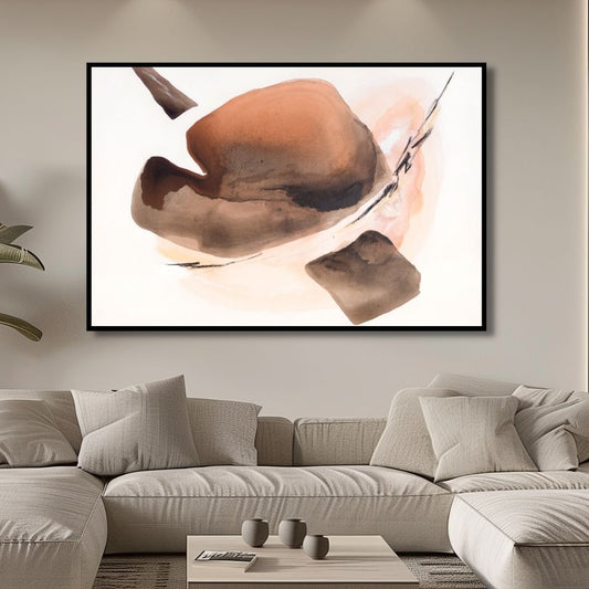 Abstract Geometric Shapes in Soft Peach and Brown Tones - Minimalist Oil Painting