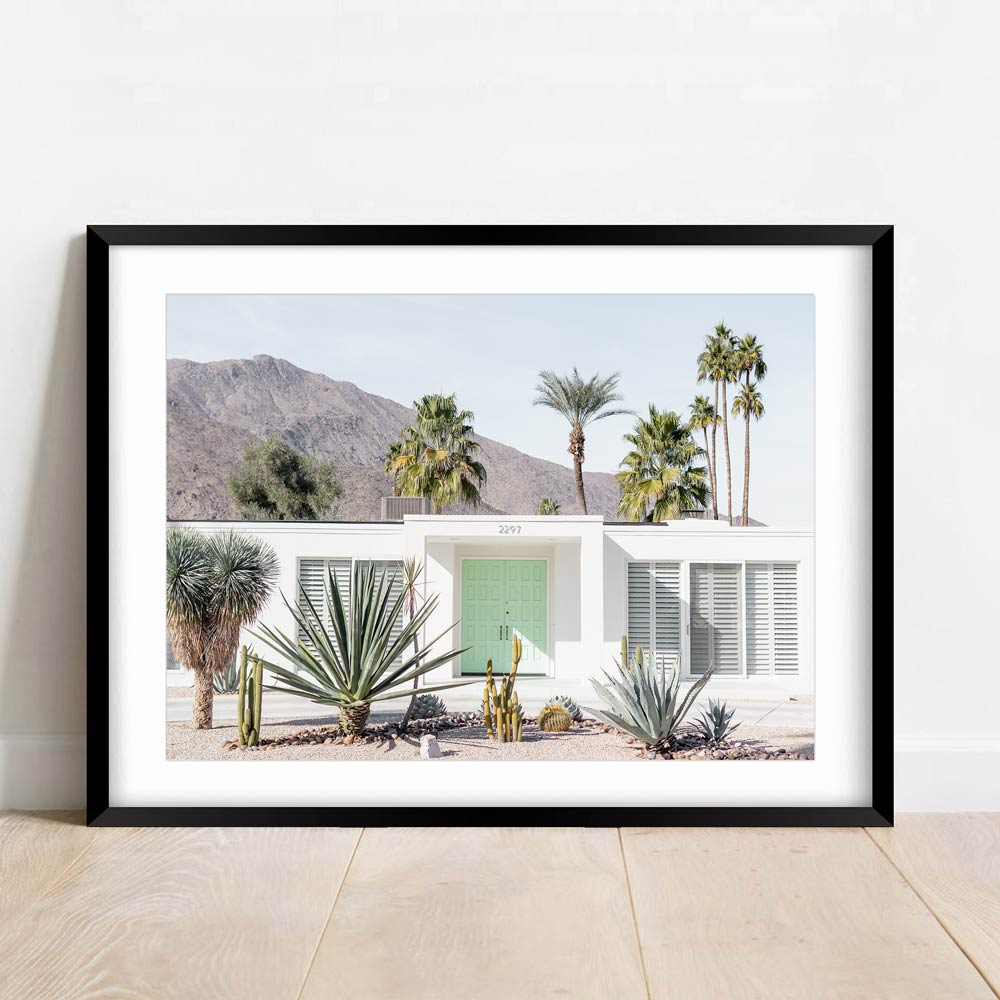 Serene Mint Green Door with Palm Oasis in Modern Desert Landscape