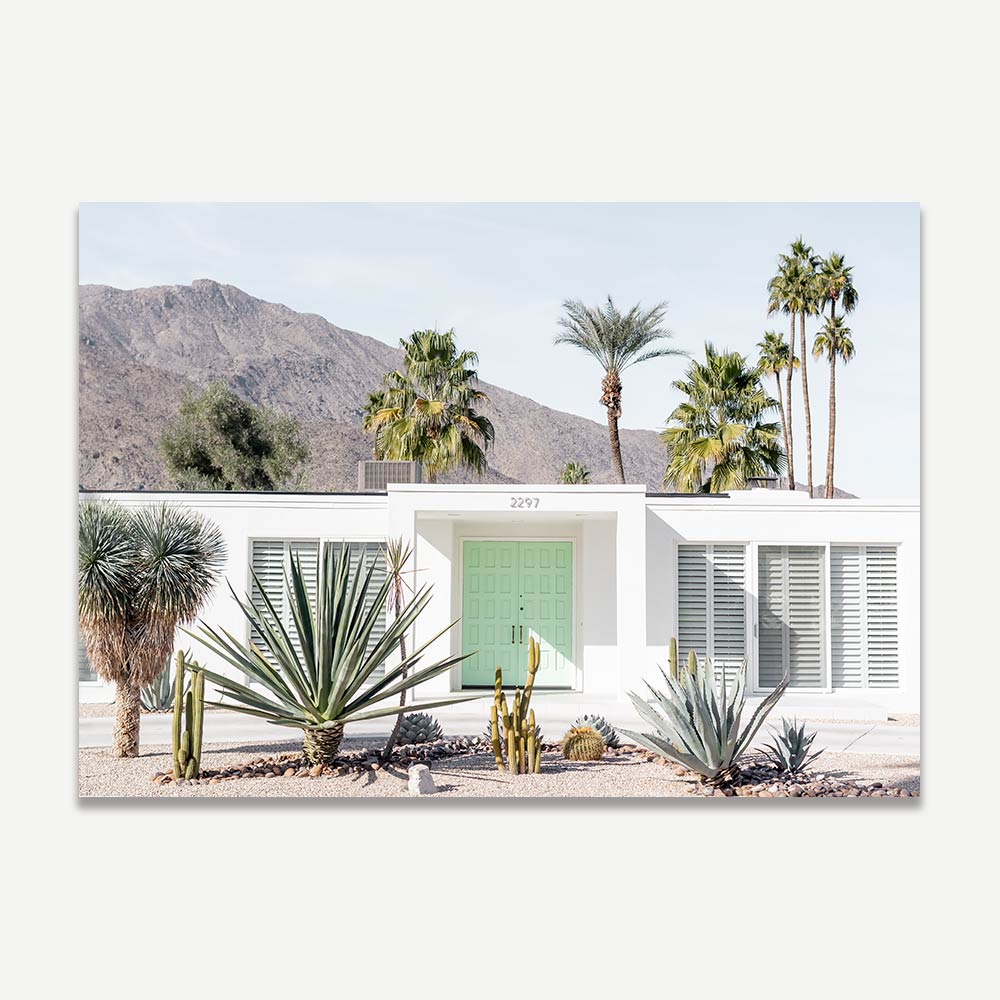 Serene Mint Green Door with Palm Oasis in Modern Desert Landscape