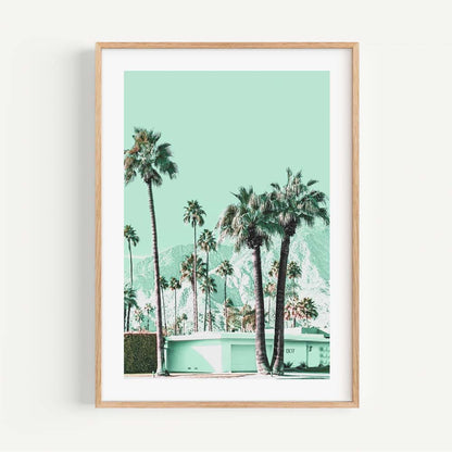 Tropical Mint Oasis: Serene Palm Tree Landscape Oil Painting for Modern Decor