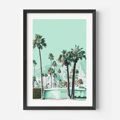 Tropical Mint Oasis: Serene Palm Tree Landscape Oil Painting for Modern Decor