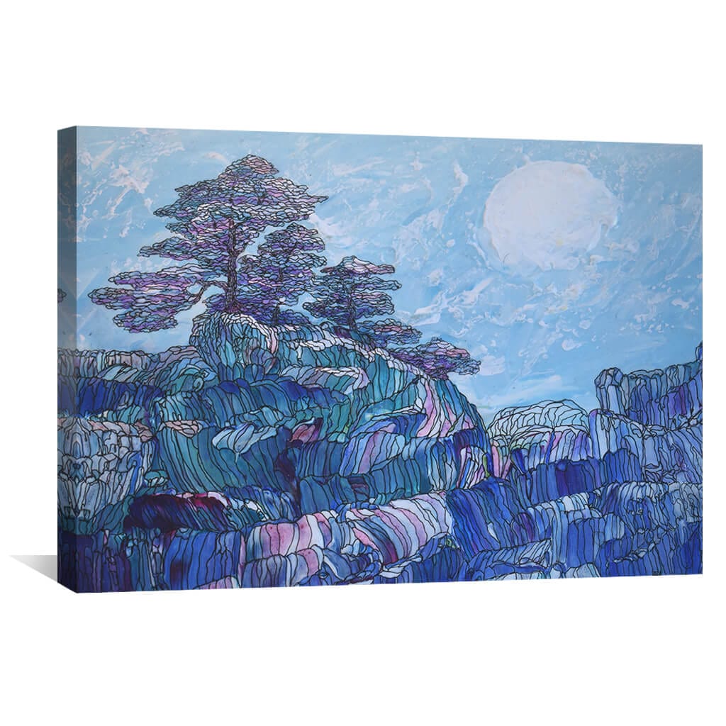 Serene Blue Landscape with Trees - Elegant Oil Painting for Modern Decor