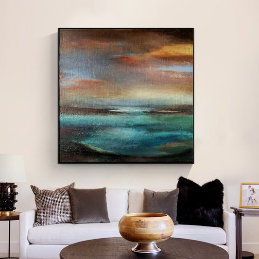 Serene Coastal Landscape Oil Painting of Tranquil Waters and Misty Sky