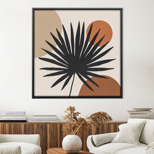 Modern Abstract Floral Artwork with Black Palm Leaf and Earthy Tones for Home Decor