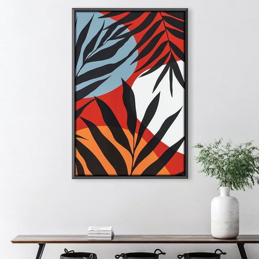 Modern Abstract Floral Oil Painting with Vibrant Colors and Leafy Motifs for Home Decor