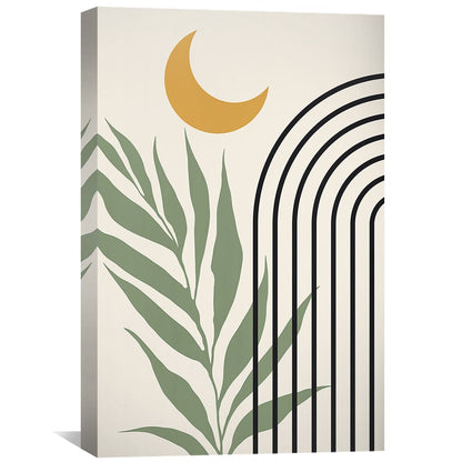 Modern Abstract Floral Canvas Art with Leaf Design and Sun Motif