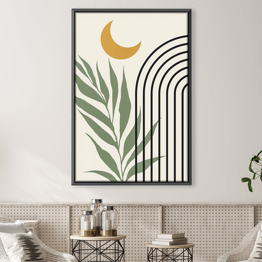 Modern Abstract Floral Canvas Art with Leaf Design and Sun Motif