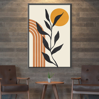 Modern Abstract Floral Oil Painting with Sun and Geometric Elements