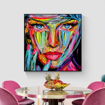 Vibrant Abstract Portrait of a Woman with Blue Eyes and Colorful Expression