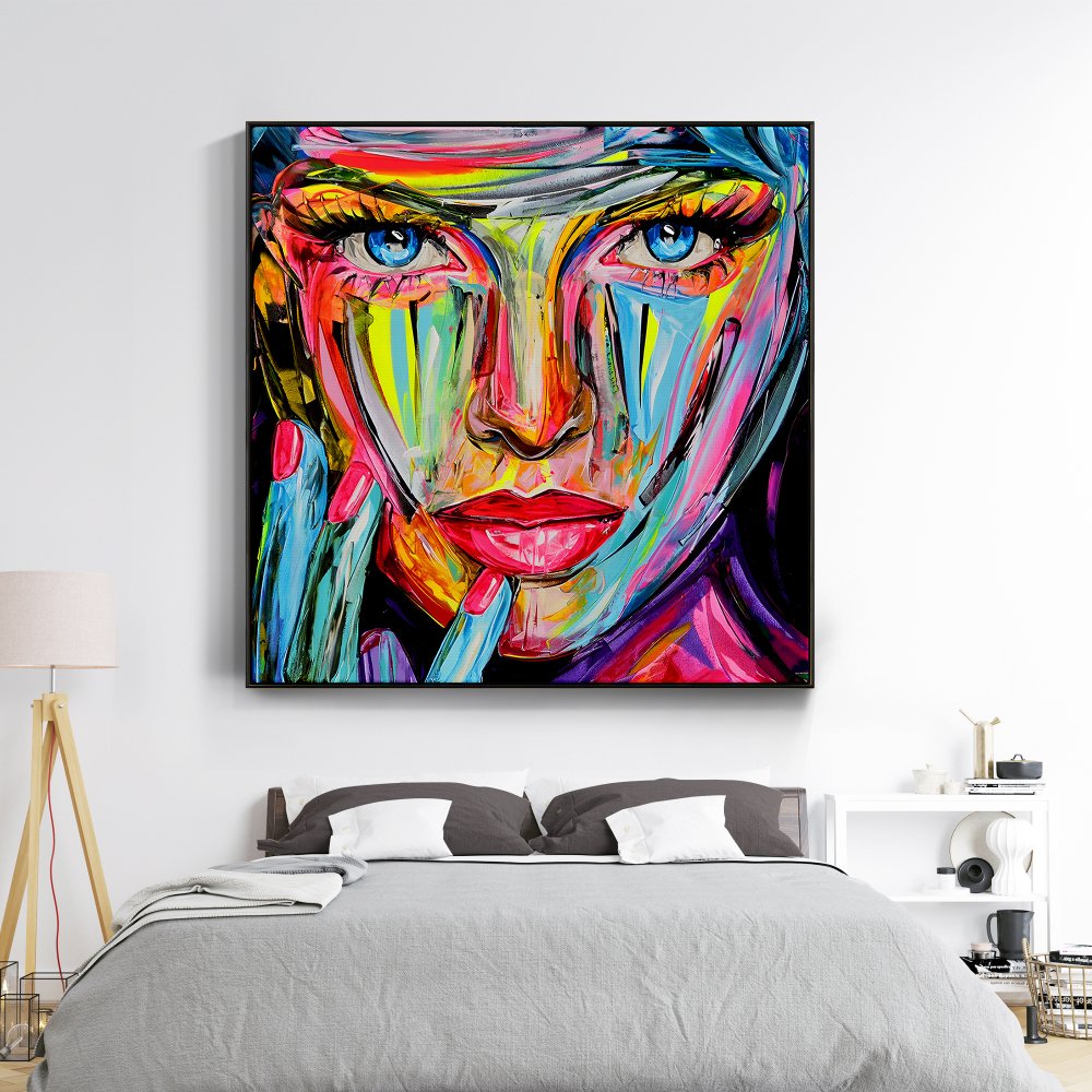 Vibrant Abstract Portrait of a Woman with Blue Eyes and Colorful Expression