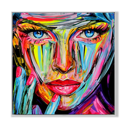 Vibrant Abstract Portrait of a Woman with Blue Eyes and Colorful Expression